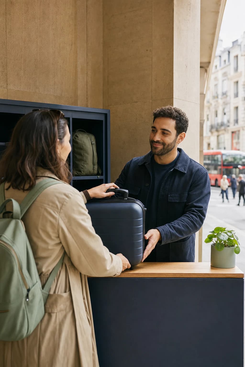 Traveller handing a small suitcase to a storage host