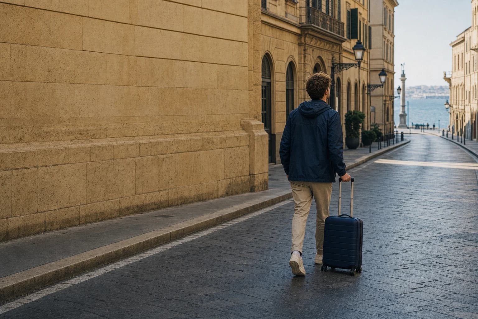 Traveller rolling a small suitcase along a sunlit city street
