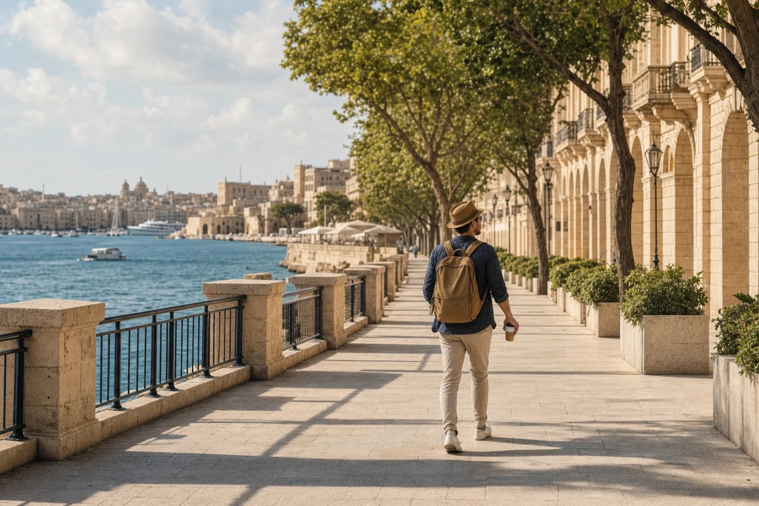 Traveller walking freely along a waterfront promenade