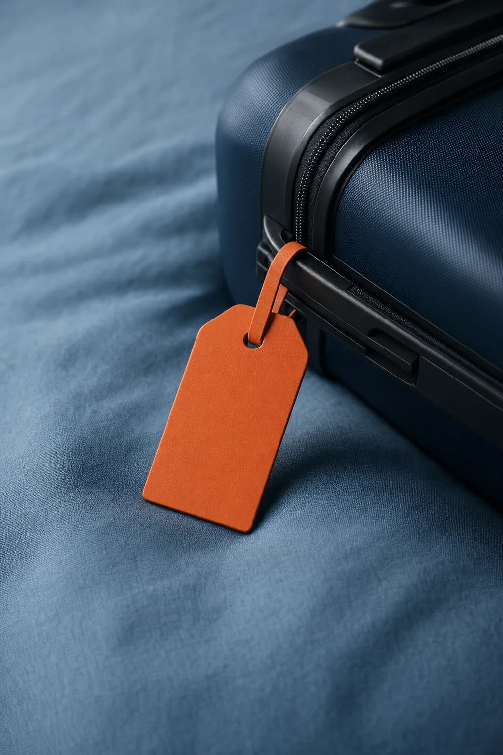 Orange luggage tag attached to a navy suitcase